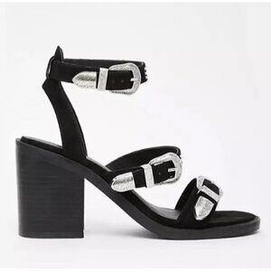 ASOS Western Studded Open Toe Strappy Chunky Heels Womens Size 7 Black‎ Silver